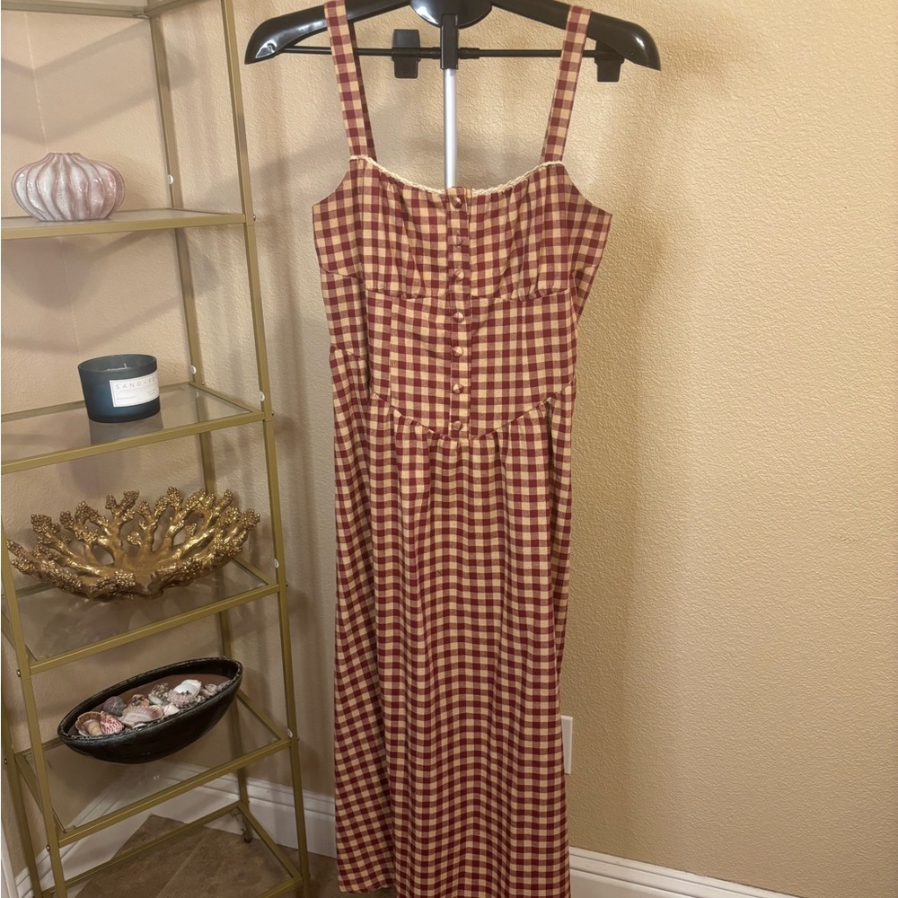 CIDER Gingham Milkmaid Midi Dress Corset Back Lace Trim Size L